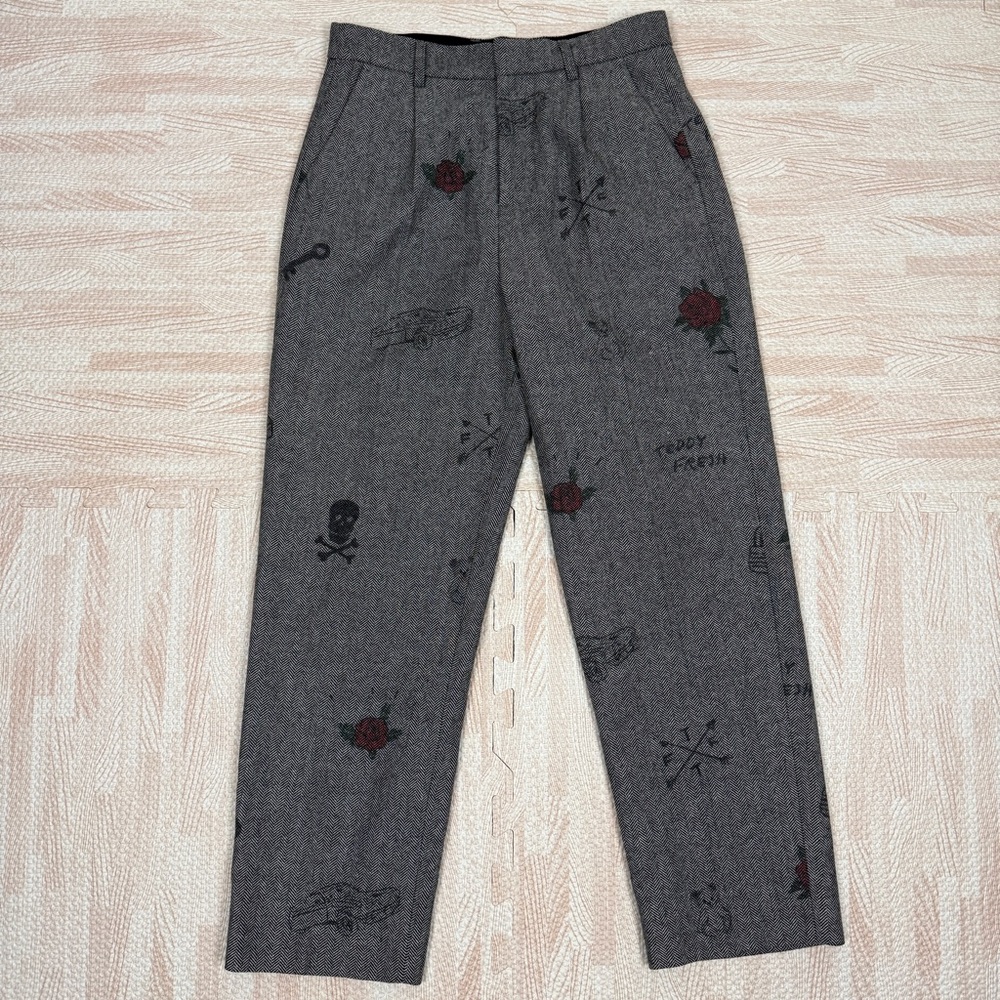 Teddy Fresh Wool Blend Doodle Trouser Pants Size 30 Gray Skull Rose Herringbone